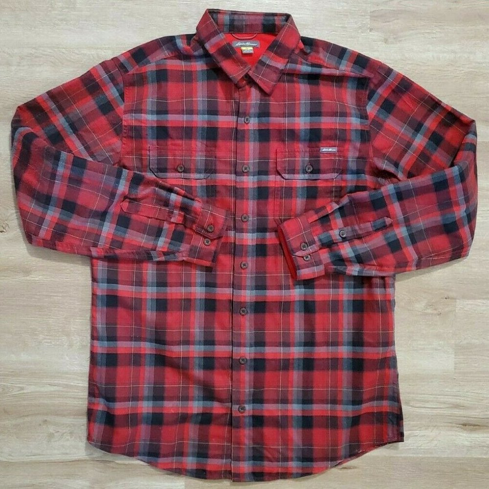 Eddie Bauer Mens Expedition Red Black Plaid Shirt - Picture 1 of 3